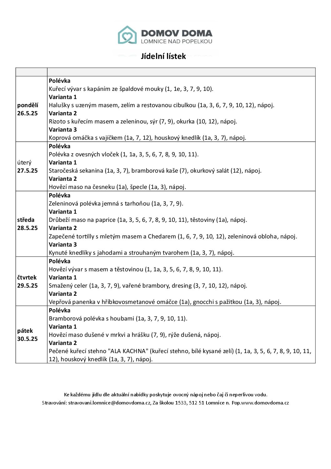 Jídelní lístek 26.5.25-30.5.2025